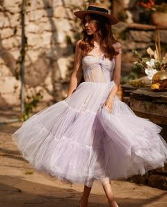 Setwell Jewel Sheer Neck A-line Evening Dresses Cap Sleeves Backless Pleated Tulle Tea Length Prom Party Gowns