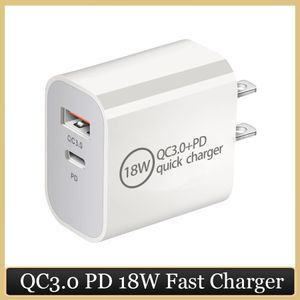 QC 3.0 PD 18W Power Adapter för iPhone 12 11 Type-C USB-port Snabbladdare EU US UK AU Plug Fast Safe Charger för Samsung Xiaomi Huawei