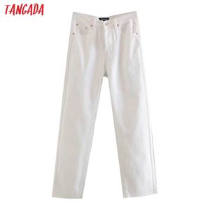 Tangada أزياء المرأة البيضاء الجينز السراويل السراويل طويلة عالية الخصر جيوب سستة الإناث الصلبة الدينيم السراويل LJ200811