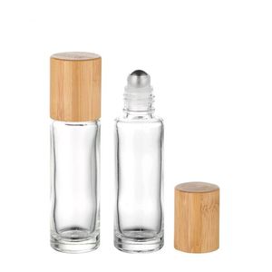 10ml Clear Glass Roller Bottles with Natural Bamboo Wooden Lids Cosmetic Essential Oil Roll On Tubes Packaging SN3336