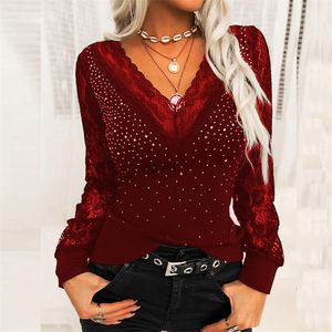 Spring and Autumn Women's Casual Sexy V-neck Shirt Lace Long Sleeve T- Dot Print Slim Top Plus 220226