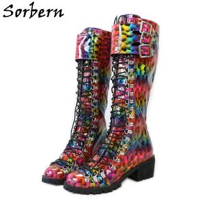 Sorbern Holo Rianbow Knee High Boots 발굽 힐 라운드 발가락 레이스 위로 여성 부츠 디자이너 신발 여성 럭셔리 2020 맞춤 색상