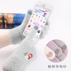Five Fingers Gloves Women Winter Keep Warm Soft Touch Screen Driving Female Knit Plus Thick Velvet Snowman Mittens Christmas Present I211
