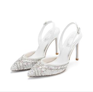 Designer Wedding Bride Shoes Luxury Crystals Beaded High Heel Women Shoes Pointed Toe Ankle Buckle Lady Female Sandals AL7912