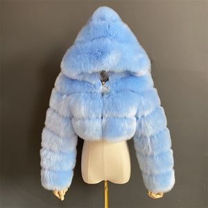 Högkvalitativ beskuren päls Faux pälsrockar och jackor Kvinnor Fluffy Top Coat With Hood Winter Fur Jacka Coat Kvinna 201110