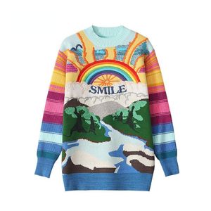 Damenpullover Übergroße Pullover Frauen 2021 Mode Regenbogen Gestreifte Pullover Buchstaben Gestrickte Pullover Lose Lässige Streetwear Tops C-237