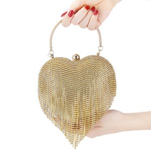 Sliver diamanter kvällspåse för kvinnor 2020 Golden Diamond Tassels koppling damer handgjorda hjärta bröllop glänsande väska Q1116