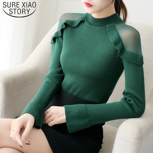 Spring flare manga off ombro camisola feminina Slim Fit Turtleneck moda mulheres suéteres coreano outono pull femme 210510