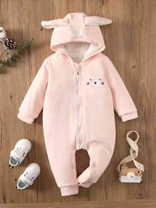 Baby Cartoon Embroidery 3D Ear Design Teddy Lined Hooded Zipper Jumpsuit SHE