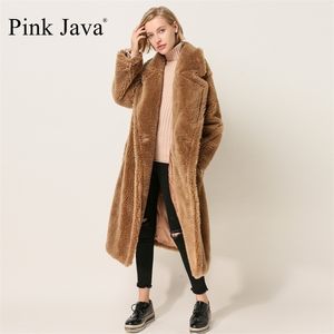 PINK JAVA QC1848 Ankunft kostenloser echter Schafspelzmantel langer Stil Kamelteddy über Größe Winterfrauen 211220