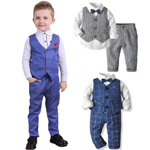 Conjuntos de roupas Springautumn Bebê Garantão Terno Camisa Branca Com Laço + Colete Listrado + Calças 3 Pcs Formal Crianças Roupas Set