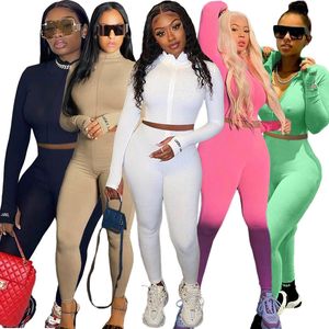 Kobiety Dresy Dwa Kawałki Zestaw Solid Color Nightclub Wysokie Kołnierz Haftowany List Zipper Sportowy Stroje Ladies Sportwear Nowy 2020 BG