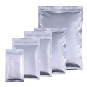 Silver Pure Aluminium Folie Zip Lås Förpackning Väska Livsmedelsbutik Snack Retail Mylar Zipper Tear Notch Storage Packing Pouches