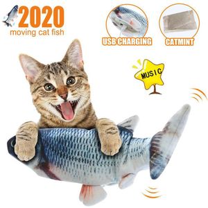 Fish Kicker Cat Toy Flytta Flopping Dancing Cat Toy Wagging Simulering Electric med USB Catnip för kattunge 30cm LJ200826