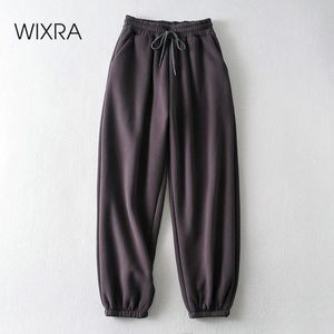 Wixra إمرأة سميكة الدافئة الصوف السراويل الدانتيل متابعة عالية الخصر الشتاء الجري sweatpants الصلبة جيوب قيعان عارضة لينة 201228