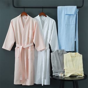 100% bomull sommar vaffel badrock lång morgonrock kimono män bad robe plus storlek kvinnor natt klänning brudtärna sleepwear 201109