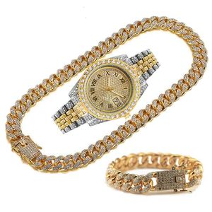 ساعة معصم كامل الساعات المثلجة للرجال Gold Cuban Link Chains Neckleace Club Club Bling Fashion Jewelry for Watch Set