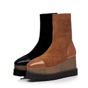 Venda quente 2020 botas de couro genuíno Sexy Wedgs plataforma senhoras sapatos outono inverno clássico tornozelo botas para mulher preto