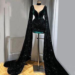 Retro Dunkelgrüner Samt Kurze Ballkleider Glitzernde Pailletten Lange Wraps Mini Formelles Kleid Arabisch Aso Ebi V-Ausschnitt Frauen Abendgesellschaft Kleider Vestidos De Festa CL0043