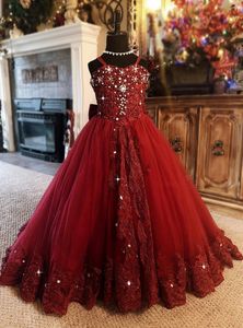 Burgundy Flower Girl платье спагетти горный хрусталь аппликация свадьба партия тюль мяч платья без рукавов длиной ол принцесса платья девушки