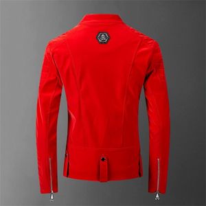 Kafatası Gümrüklü Deri Kırmızı Ceketler Erkekler Yüksek Sokak Stili Turn-down Boyun Streetwear Erkek Ceket ve Mont Casacas Para Hombre 201218