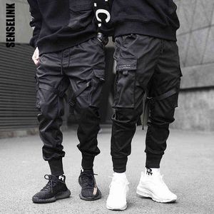 Men Cargo Pants Black Ribbons Harem Joggers Casual Cotton Streetwear Hip Hop Pockets Track Pants Harajuku Tide Fashion Trousers G220224