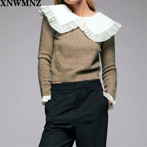 Xnwmnz za Women Fashion Contrast Knit Sweter Ladies Vintage Peter Pan kołnierz długi rękawie Trimes Sweter Sweter Top 20125