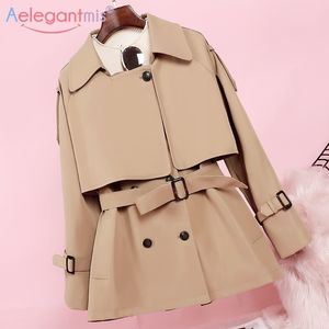 Aelegantmis Neue Mode Frauen Lange Trenchcoat Herbst Winter Vintage Gürtel Zweireiher Khaki Trench Outwear Schlanke Büro Mantel 201120