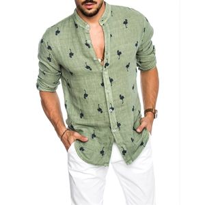 Mens Fashion Casual Printed Flamingo Shirts Social Cotton Linen Slim Fit Summer Hawaiian Korean Collar Long Sleeve Male Business C1210