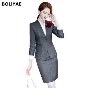 Boliyae Professional Skirt Suits Spring Autumn Long Sleeve Blazers for Women Elegant Office Business Formal Jacket and Pants Set 220302