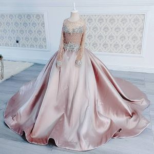 Fashion Beaded Ball Gown Girls Pageant Dresses Appliqued Long Sleeves Flower Girl Dress Sheer Jewel Neck Satin First Communion Gowns