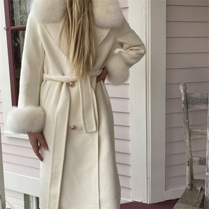 リアルファーコートウィンタージャケットの女性自然キツネの毛皮の襟カシミヤウールブレンド長いアウターレディースストリートウェア201214