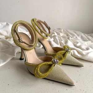 Luxury Bling Bling Crystal Party Shoes Stiletto High Heels Pointed toe Ankle Strappy Shoes Summer Ladies Brand Bowtie Sandals