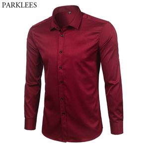 Märke vin röd bambu fiber mens klänning skjortor smal passform långärmad kemise homme casual knapp ner elastisk formell manlig skjorta c1210