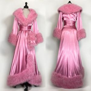 Roupão feminino vestidos de noite pena elástica seda rosa camisola pijamas lingerie ocasiões femininas vestidos housecoat xale