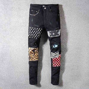 hip-hop high street fashion brand jeans retro torn fold stitching men's designer motorcycle riding slim pants size sky blue jeans for