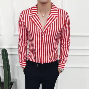 Mäns Casual T Shirts Red Striped Dress Mens Slim Fit Korean Fashion Erekek Gomlek Social Blus Vintage Vestido Xadrez Club