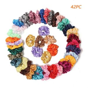 42pcs Coreia Cabelo Scrunchie Elastic Hair Bands Mulheres Meninas Headband Solid Silk Borracha Gum para Acessórios Menina Headwear