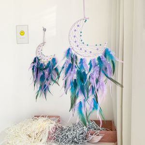 Moon Dream Catcher Handmade Decorative Objects Colorful Feather Pendant Beads Wall Hanging Ornament for Kids Bedroom Home Decoration Art Craft Gift 1223399