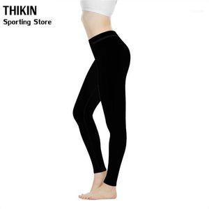 Yoga Outfits Thikin Classic Solid Svart Kvinnor Fitnessbyxor Högt midja Sport Leggings Gym Elastiska Långa tights för att driva mage kontroll