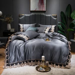 4pcs spets tvättad silke sängkläder uppsättning satin duvet täcke med platt plåt dragkedja nedläggning drottning kung 6 färger