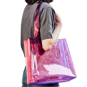 Anpassad logotyplaser transparent kosmetisk förpackning på tote påse pvc shopping plast present iriserande holografisk väska