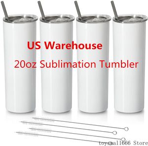 USA Local Warehouse STRAIGHT 20oz Sublimation Mugs Tumblers With Straw Stainless Steel Water Bottles Double Insulated Cups sxm8