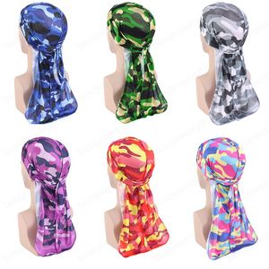 Yeni Kamuflaj Baskılı Uzun Kuyruk Korsan Şapka İpeksi Saten Durags Bandana Erkek İpeksi Durags Türban Şapka