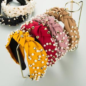 New Fashion Women Hairband Rivet Pearls Headband Center Knot Headwear Turban Adult Hair Accessories