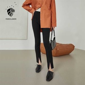 FANSILANEN Office Lady ly Autumn Woman Pants Women Black All-match Slim Casual Trousers High-waist Split Pencil Pants 211216