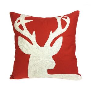 Canvas Embroidery Christmas White Deers Big Snow Sofa Decorative Red Pillow Cover Gift Cushion 45x45cm Sell By Piece