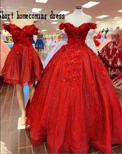 2022 Glitter Tulle Homecoming Dresses Prom Längd Handgjorda Blommor Pärlor Av Axel Cocktail Party Short Quinceanera Klänning Söt 16 Klänningar Mini