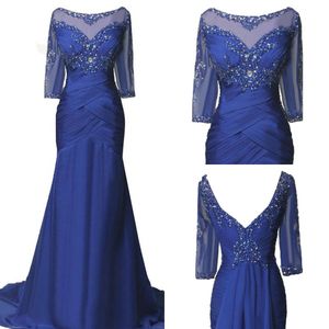 Royal Blue Evening Mom Sukienki na ślub z długimi rękawami Crystal Zroszony plisy Bateau Matka panny młodej Plus Size Sukienka dla nowożeńców