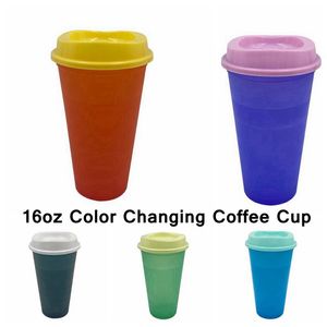 Tazza cambia colore da 16 once per acqua calda Bicchieri riutilizzabili magici Bicchieri di plastica con coperchio Tazza da caffè in plastica CYZ2925 Spedizione marittima
